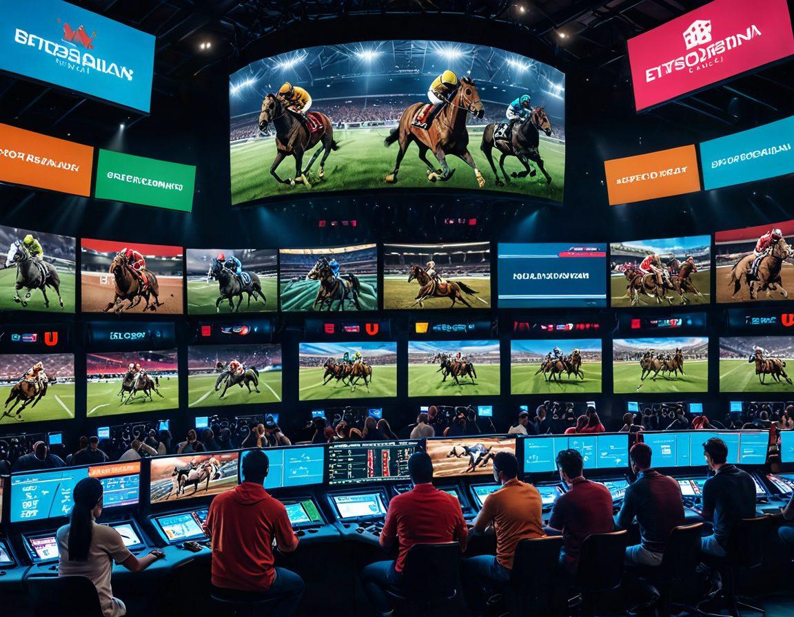 A dynamic collage illustrating various wagering options: a virtual sports arena with colorful digital displays, a real-time live betting scene with enthusiastic bettors, and a backdrop of diverse sports options like football, horse racing, and esports. The atmosphere should be vibrant and energetic, capturing the excitement of modern betting experiences. super-realistic. vibrant colors. 3D.