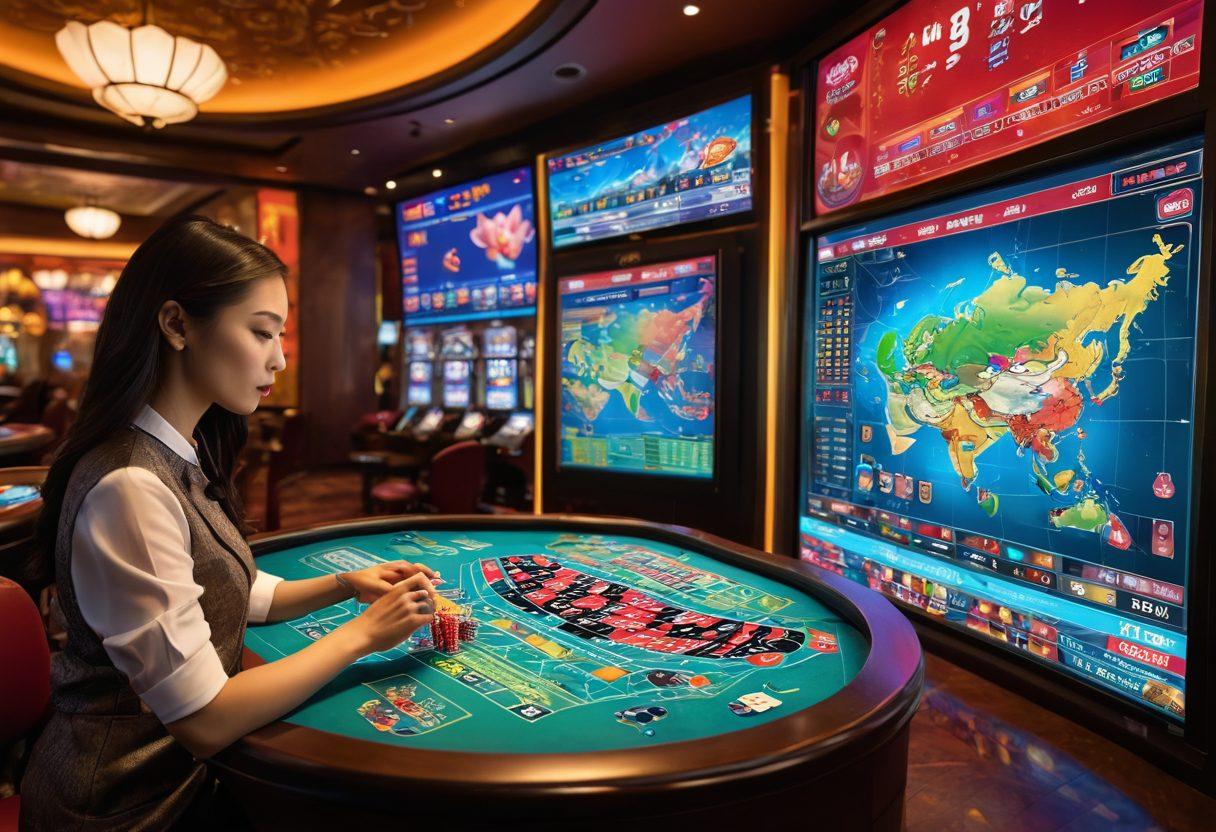A visually engaging scene depicting diverse gamblers analyzing betting odds on a modern touchscreen interface. Include a globe showcasing Asia with highlighted gambling hotspots, and digital numbers representing odds floating around. Surround the scene with various Asian symbols of luck and fortune, such as lotus flowers and koi fish. The atmosphere should convey excitement and strategy. vibrant colors. super-realistic.